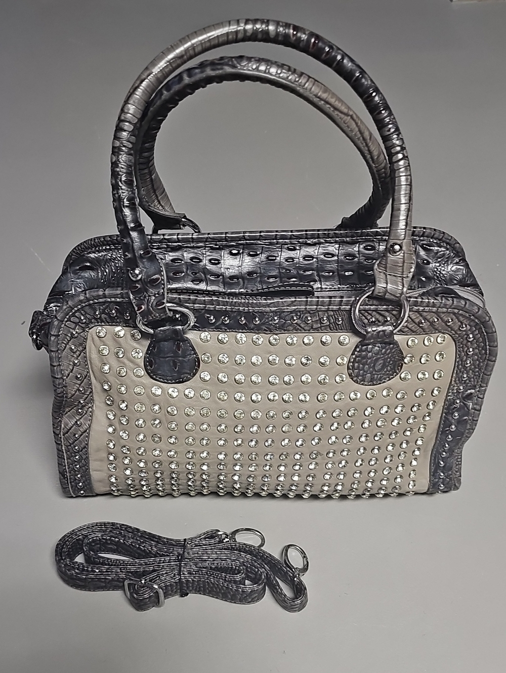 Grey Croc Leatherette Crystal Srud Silver Satchel Purse Bag Crossbody EUC